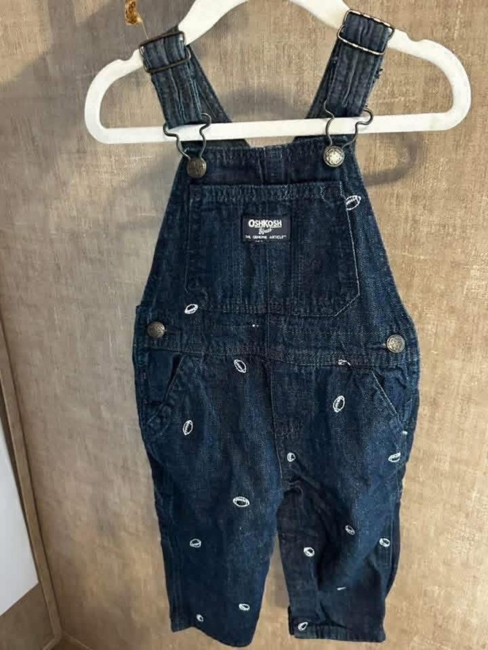 OshKosh B'gosh Dark Blue Denim Overalls with White football Embroidery